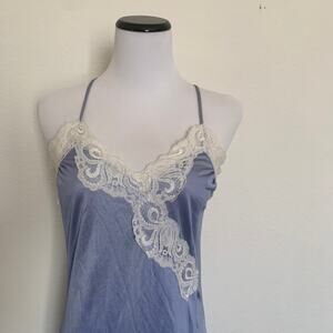 Vintage 1960s LeVoy's Periwinkle & White Lace Trim Nightgown Slip with Slit
